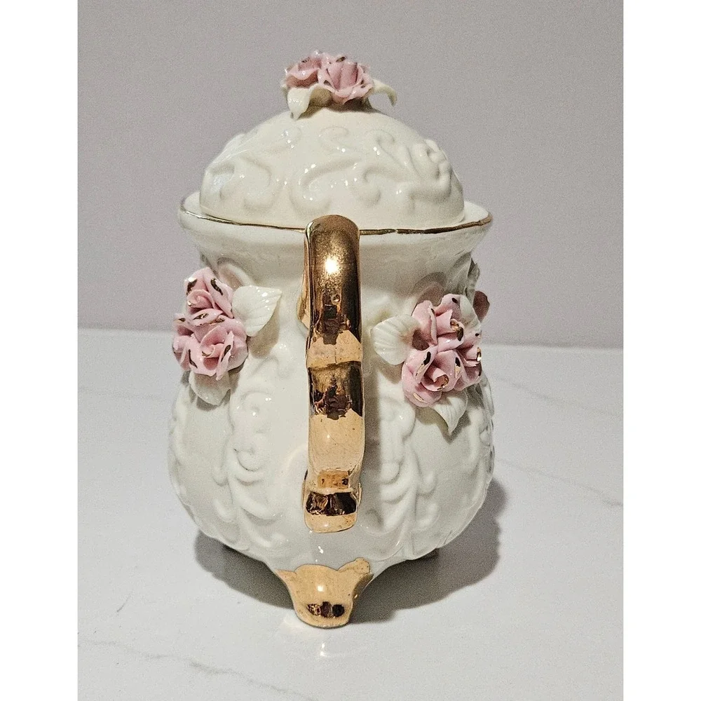 Vintage Miniature Porcelain Teapot Pink 3D Roses Gold Trim Embossed Scroll Decor